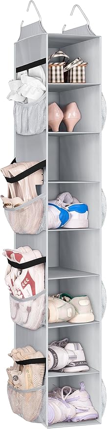 SLEEPING LAMB 8 Shelves Hanging Shoe Rack Hanger, Narrow Hanging Shoe Organizer for Closet Storage Clothes, Gloves, Bags, with 8 Large Mesh Pockets to Hold 16 Pairs Shoes in Dorm, Grey by SLEEPINGLAMB