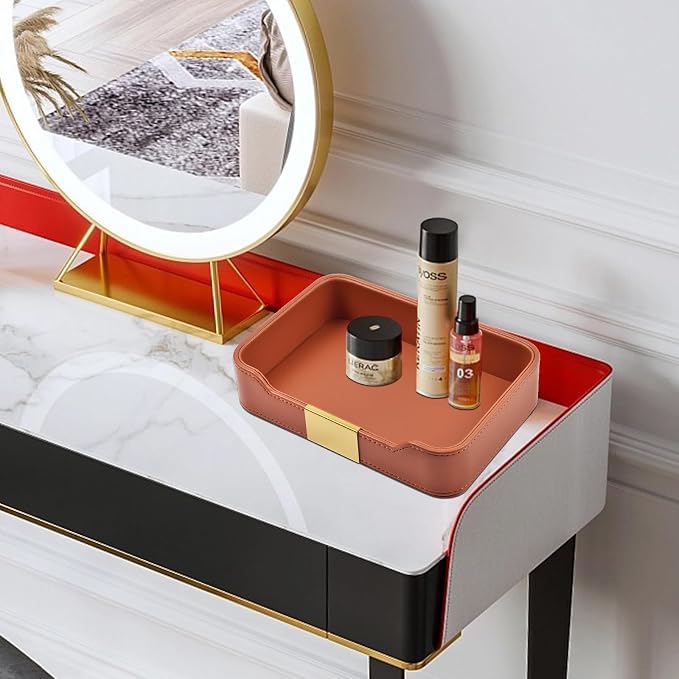 Luxury Leather Valet Tray Desktop Storage Organizer,Bedside Vanity Catchall Tray Nightstand Caddy Holder for Cosmetic,Jewelry,Watch,Keys,Phone,Wallet,Remote Controller,Pen,Orange - Image 3