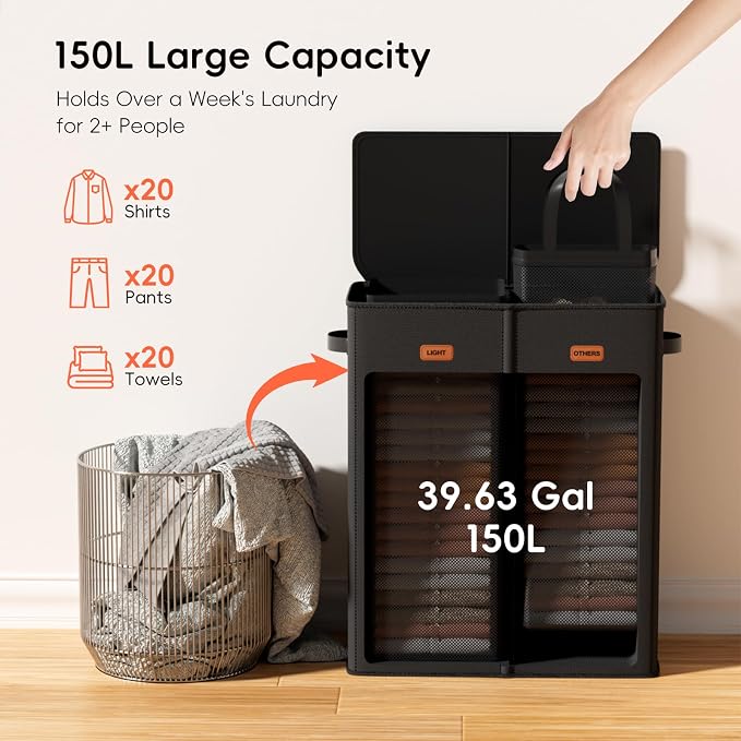 150L Double Laundry Hamper With Lid, Large Clothes Hampers with Removable Bag, Laundry Hamper 2 Section for Bathroom, Bedroom, Laundry Room, Dorm, Black - Image 3