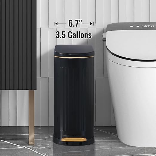 SYNCVIBE Slim Bathroom Trash Can with Lid Stainless Steel Garbage Can Soft Close Step Trash Bin with Removable Inner Bucket for Bedroom, Office, Kitchen (Matt Black, 3.5 Gallons) - Image 2