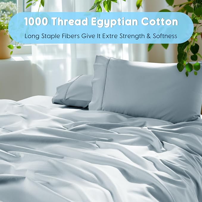 SONORO KATE 100% Egyptian Cotton Sheets Set - 1000 High Thread Count, Luxury 5-Star Hotel Sateen Bed Sheets, Soft, Breathable Long Staple Sheets, Fit up to 16" - 4 PC (Light Blue,King)