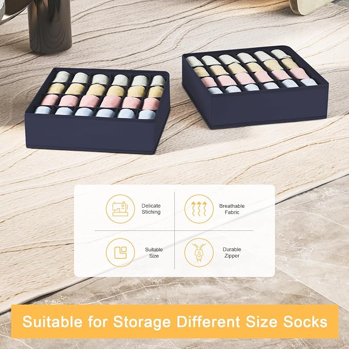 Joyoldelf Drawer Organizer - 2 Pack Underwear Holder, 24 Cells Collapsible Closet Organizer and Storage for Belts, Ties (Navy Blue) - Image 3