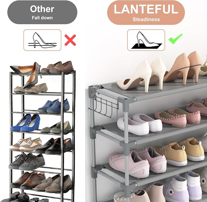 LANTEFUL 10 Tiers Shoe Rack 50 Pairs Large Capacity Tall Shoe Organizer Sturdy Shoe Storage with Two Hooks Space Saving Metal Wide Shoe Rack for Closet, Entryway, Bedroom, Grey - Image 6