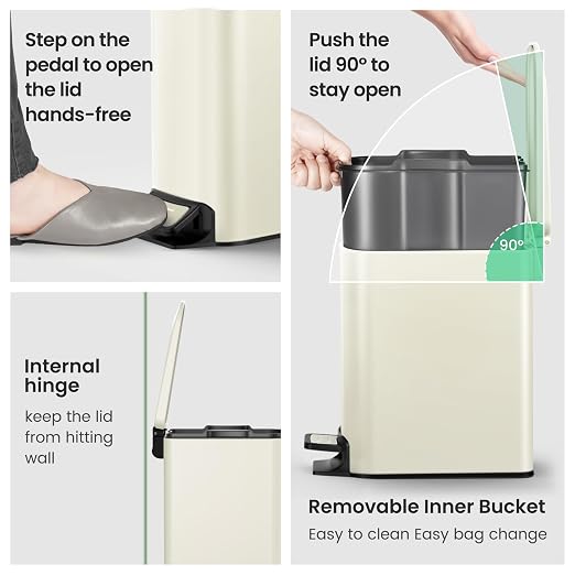 Cesun Small Bathroom Trash Can with Lid Soft Close, Step Pedal, 6 Liter / 1.6 Gallon Stainless Steel Garbage Can with Removable Inner Bucket, Anti-Fingerprint Finish (Creamy White) - Image 5