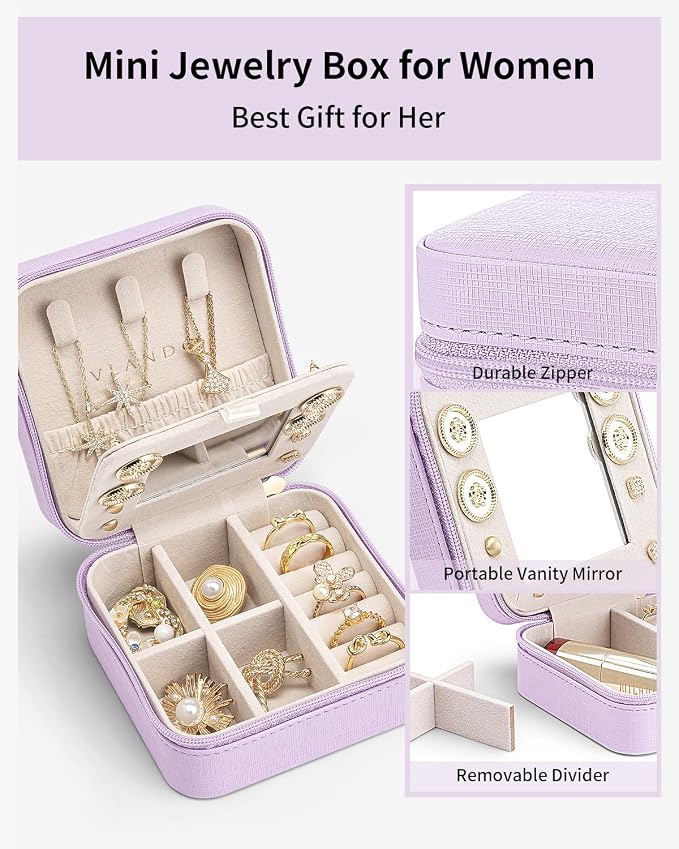 VLANDO Small Travel Jewelry Box Organizer - Girls Women Gift Rings Earrings Necklaces Jewelry Storage Display Case with Mirror Purple - Image 3