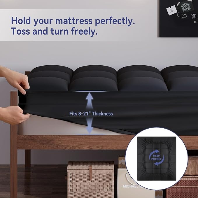 ELEMUSE Twin XL Black Mattress Topper for College Dorm Room Essentials, Extra Long Twin Mattress Pad for Back Pain Relief, Plush Pillowtop with Elastic Deep Pocket, Overfilled Down Alternative Filling