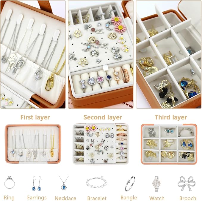 KOOAAICCHI Small Jewelry Box, Travel Jewelry Organizer, Portable Jewelry boxes for Women Girls Gift, Double Layers PU Leather Jewelry Holder for Rings, Earrings, Necklaces-Brown - Image 4