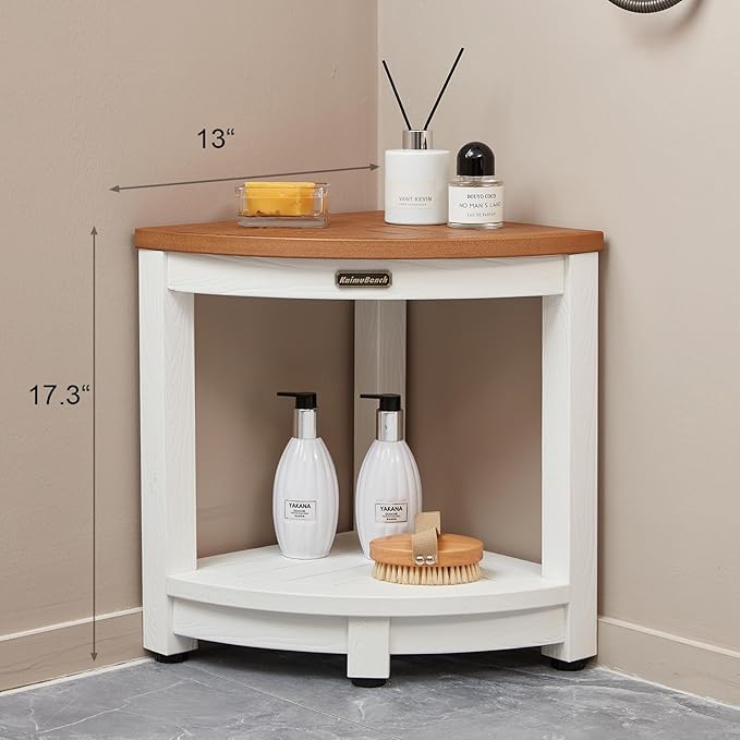 KaimuBench HDPS Corner Shower Stool for Shaving Leg, Waterproof Shower Bench Seat for Inside Shower, Poly Lumber Plastic Bath Shower Chair Seat, White+Brown, Weight Capacity 500LBS - Image 2