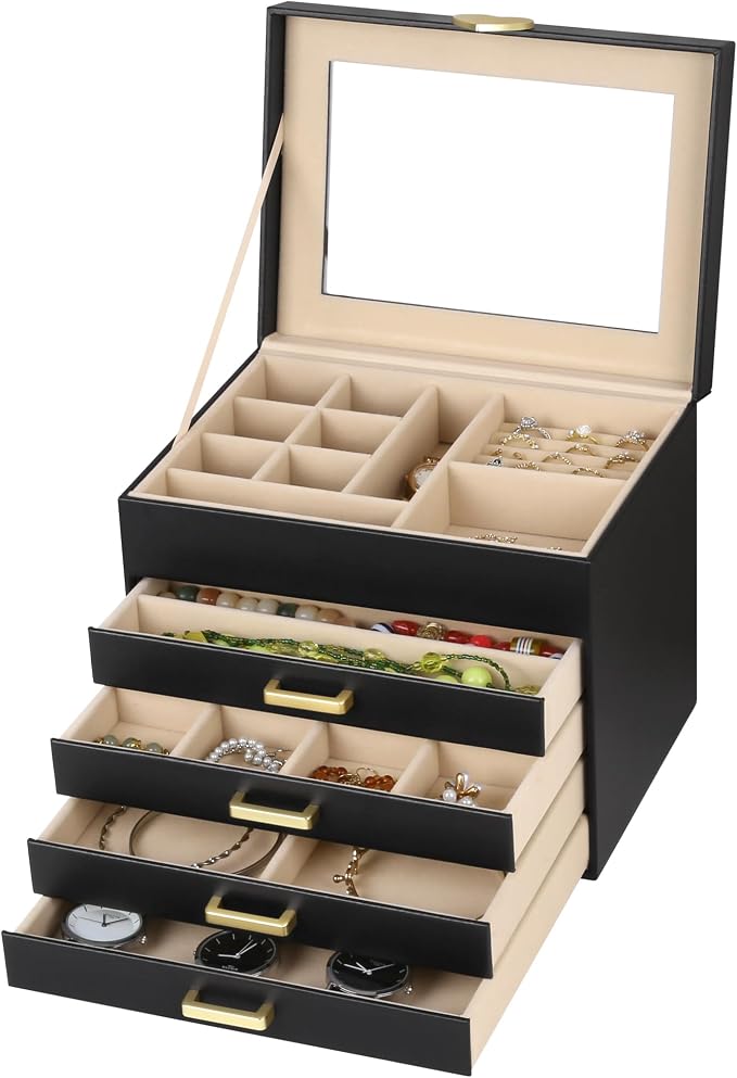 Kendal Jewelry Box, 5-Layer Jewelry Organizer Box with Glass Lid, Black, Heart Shaped PU Leather, Storage Box for Necklace Earrings Rings Bracelets, Gift Idea for Girls LJC4DRBK - Image 2