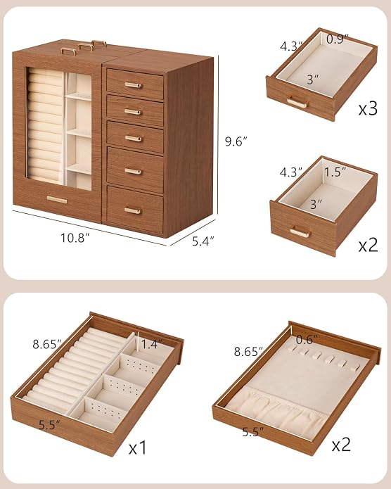 Homde Large Jewelry Box/Organizer/Case with Glass Window, Drawers for Necklaces Earrings Rings Bracelets Watches Gift for Women Girls - Image 6