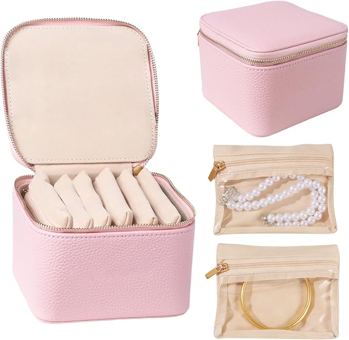 Travel Jewelry Organizer, Travel Jewelry Box with 6 Velvet Zipped Pouches Bags for Jewelries Necklaces Rings Earrings Sorting Storage for Women Girl Gifts, Blush by Yaliang