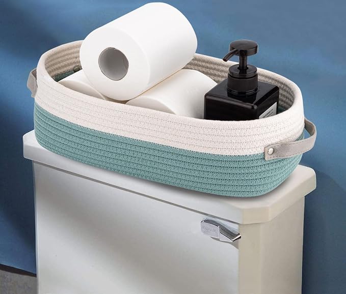 Cotton Rope Woven Toilet Paper Baskets for Organizing Decorative for Boho Decor Small Storage Gift 13"x5.9"x4" Mint Green - Image 2