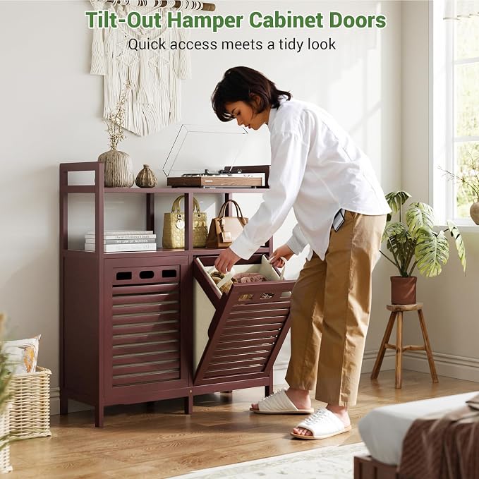 Homykic Tilt Out Laundry Hamper Cabinet, Bamboo Double Laundry Hamper with 2 Removable Laundry Baskets, 20 Gal Laundry Sorter Organizer with Shelf for Dirty Clothes, Bathroom, Laundry Room, Espresso - Image 4