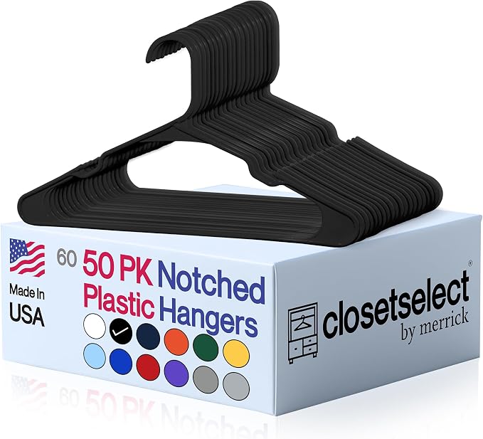 Closetselect Plastic Hangers 50 Pack - Space Saving Clothes Hangers, Made in USA, Durable & Strong Plastic Shirt & Coat Hanger with Notches & Shoulder Grooves, Non-Slip Clothing Hangers | Black by closetselect