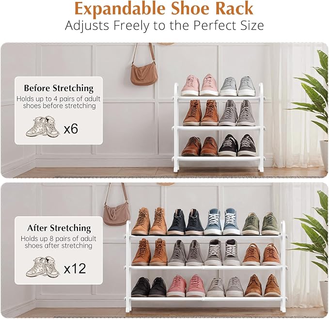 INSMART 3-Tier Expandable Shoe Rack, Stackable and Adjustable Shoes Organizer Storage Shelf, Sturdy and Durable Metal Structure Free Standing Shoe Rack for Closet Entryway Doorway, White - Image 2