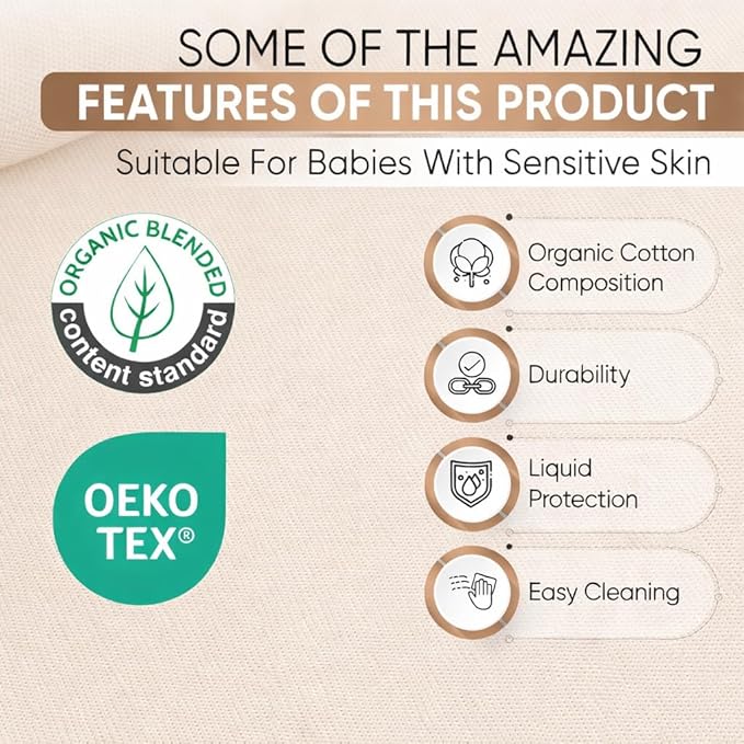 Deluxe Organic Cotton Percale Crib Mattress Protector Waterproof – OCS Certified - Premium 280 GSM Breathable Soft Baby Mattress Pad Cover, Fitted Standard 52 x 28