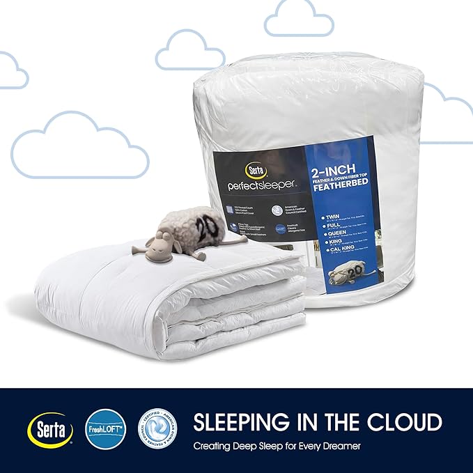Serta Feather and Down Fiber Pillow Top Mattress Topper Full Size - 233 Thread Count 100% Cotton Mattress Pad Ultra Soft 2-Inch Support Feather Bed-White