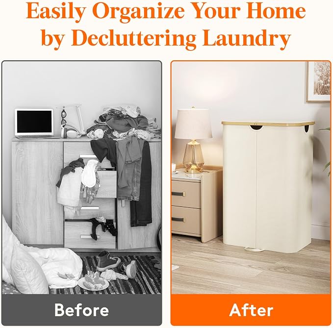 Lifewit 170L Double Laundry Hamper with Lid, Large Laundry Basket with Removable Bag & Bamboo Handles, Fodable Tall Dirty Clothes Hamper for Laundry Collapsible Bin for Bathroom Bedroom Dorm, Beige - Image 7