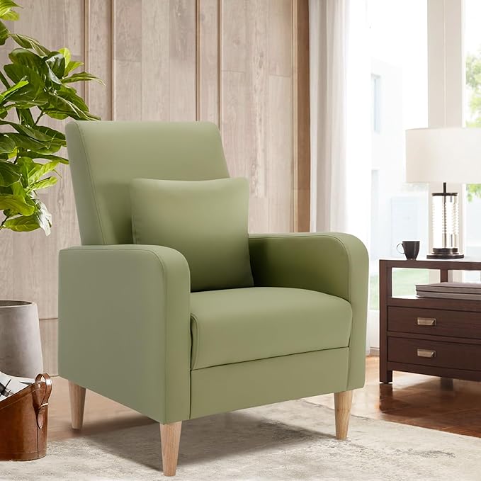 COLAMY Accent Living Room Chairs Set of 2, Upholstered Faux Leather Arm Chair Reading Side Chair with Back Pillow and Wood Legs, L-Green