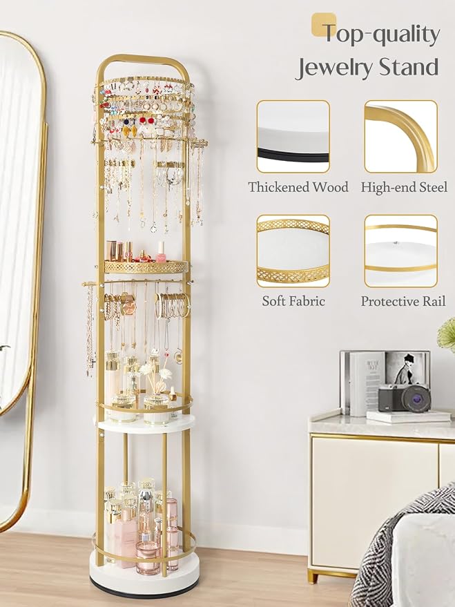Jewelry Holder Organizer, Floor Jewelry Organizer with Earring Organizer Necklace Holder, Rotating Jewelry Stand Necklace Display Earring Storage, Large Hanging Jewelry Tree for Jewlery Bracelet Ring - Image 5