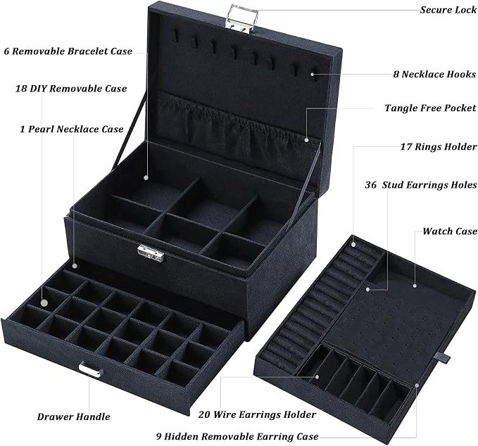 QBestry Jewelry Box for Women with Drawer, 3-Layer Large Jewelry Organizer with Lock & Key, 8 Necklace Hooks & 56 Earring Holes, Black Velvet Jewelry Storage Box for Necklaces Earrings Rings Bracelets - Image 7