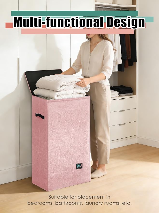 WTREE Laundry Hamper with Lid, Reinforced Sturdy Clothes Hamper with Anti-Puncture Base, Large Collapsible Laundry Basket with Removable Liner Bag, Tall Dirty Clothes Bin for Family, 100L Pink - Image 6