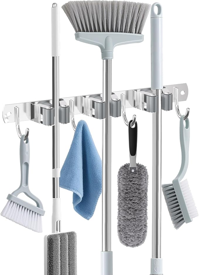 HANZENMA Broom Holder Wall Mount, Broom Organizer Wall Mount Stainless Steel Broom and Mop Hanger Heavy Duty Storage Organization for Home Kitchen Garden Garage Room 3 Racks 4 Hooks Grey by HANZENMA