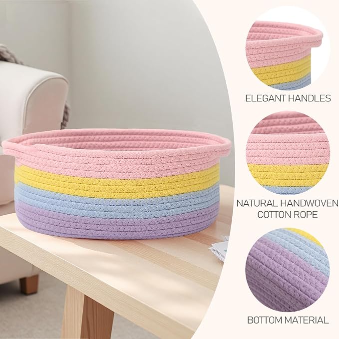 JMvicyroam Woven Basket,Small Rope Storage Bin with Handles & Ribbon Bag, Organizer for Shelves Closets,Gift Basket Empty for Birthday,Books,Dog Toys, Rainbow/3 Pack - Image 3