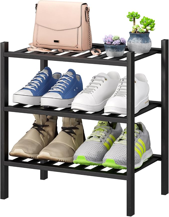 viewcare Small Shoe Rack for Entryway,3-Tier Black Bamboo Shoe Organizer for Hallway Closet, Free Standing Shoe Racks for Indoor Outdoor by VIEWCARE