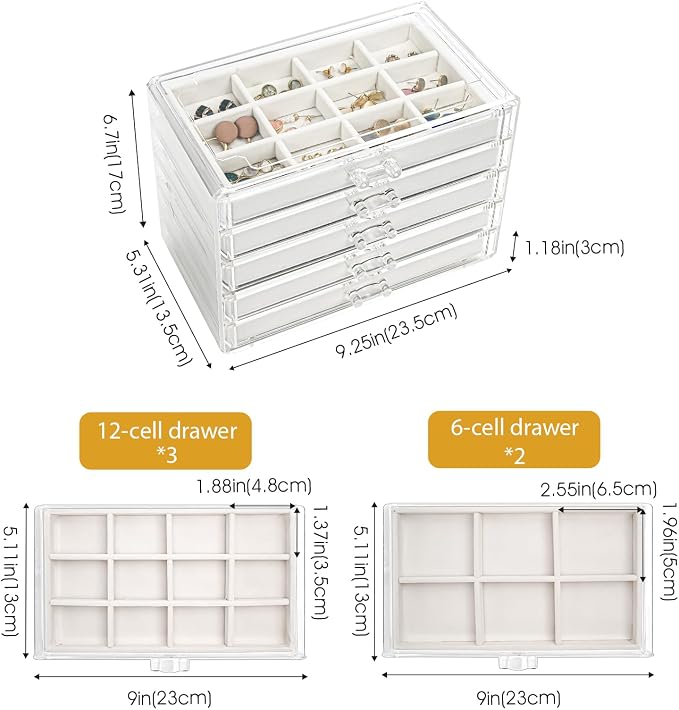 ProCase Earring Holder Organizer Jewelry Box with 5 Drawers, Acrylic Clear Earring Case with Adjustable Velvet Trays for Women - Warmwhite,5 Layers - Image 4