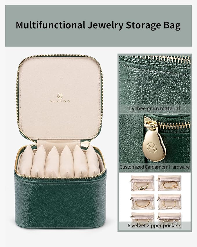 VLANDO Jewelry Travel Case,Travel Jewelry Organizer with Clear Velvet Jewelry Bags 6Pcs Zipper Pouch for Women Girl Christmas Wedding Gift-Green - Image 3