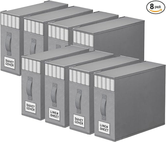 StorageTastic 8 Pack Bed Sheet Closet Organizers and Storage,Sturdy Foldable Storage Containers with Window and Label,Storage and Organization for Bedding Sheets,Duvet Covers,Blankets (Grey) by StorageTastic