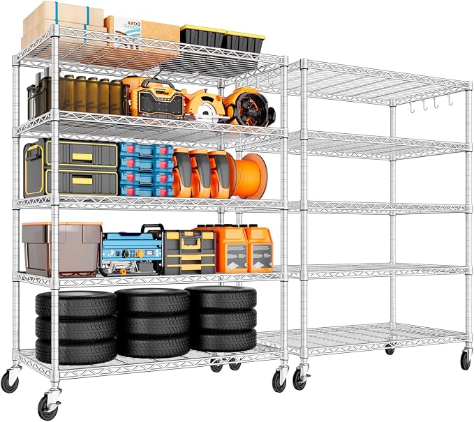 PrimeZone 5 Tier 48" Wx24''Dx81''H Wire Shelving with Wheels 3000lbs NSF Certified Storage Shelves Heavy Duty Metal Shelf Adjustable Rolling Rack Commercial Garage Restaurant Warehouse Chrome 2Pack by PrimeZone