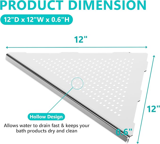 Qeke Bathroom Corner Shelf, Recessed 12" Shower Shelf Caddy, SUS304 Stainless Steel Shelf Wall Mount Triangular, No Drilling, Brushed Nickel - Image 2