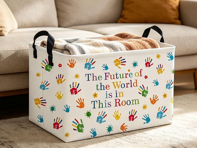 Rectangle Kids Baskets Book Basket Cute Storage Bin Organizer Boys Box for Room Decor Gift Basket(Handprint) - Image 6