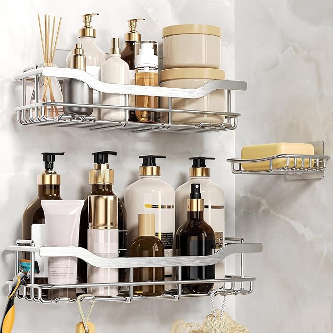 OMAIRA 3-Pack Shower Caddy with Soap Holder, Adhesive Rustproof No-drill Strudy Loading Inside Shower Organizer Shelves Rack Storage Bathroom Organization for Smooth Wall Glass Tile, Silver (X-Large) - Image 3