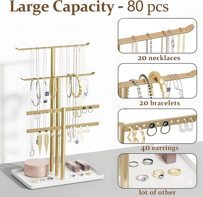 pickpiff Gold Jewelry Stand Holder Organizer: 12.5" Sturdy Hanger for 80 Pcs Jewelry, Jewlery Tower for Display Necklace, Earring, Bracelet, Watch - Image 2