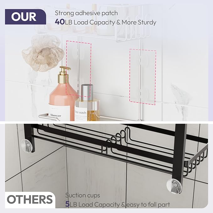 SWTYMIKI Bathroom Shower Caddy Hanging - Extended Length 2 Tier Rustproof Over Shower Head Organizer, No Drilling Bathroom Shelf with 14 Hooks & Soap Holder, Anti-Swing Rack, Sand Nickel - Image 7