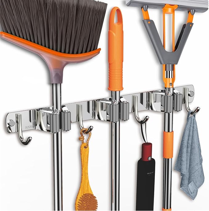 CUXIXA 2 Pack Mop and Broom Holder Wall Mount, Non-slip Broom Hanger, Heavy Duty Mop Broom Organizer for Kitchen Garden Garage Laundry Room Wall Decor Organization and Storage Silver 3R4H - Image 2