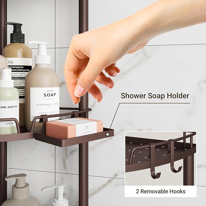 ELYKEN Corner Shower Caddy Standing, 4 Tier Rustproof Metal Shower Organizer with Soap Holder, Floor Shower Corner Shelf Rack Storage Stands with Adjustable Feet & 2 Hooks for Bathroom, Bronze - Image 3