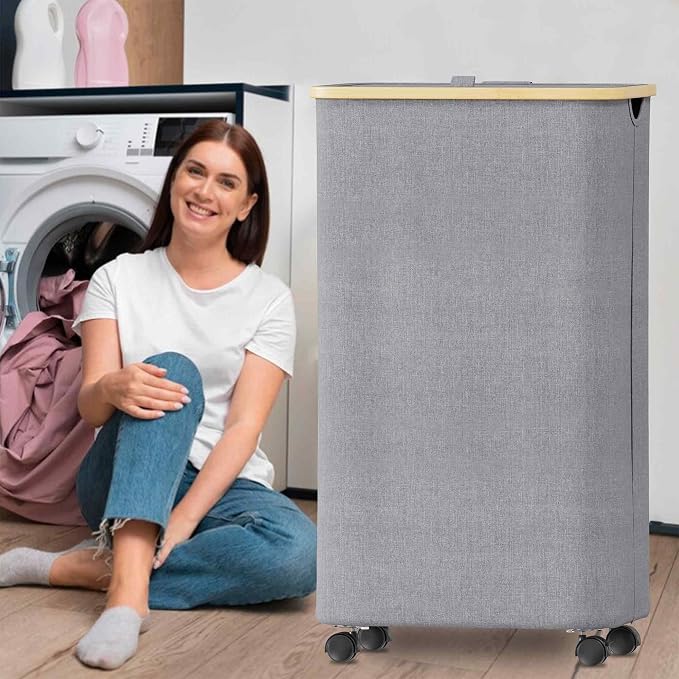 SUOCO Laundry Hamper on Wheels 100L, Clothes Basket with Lid and Bamboo Handles, Foldable Laundry Hamper for Bedroom, Bathroom, Dorm, Laundry Room - Grey - Image 2