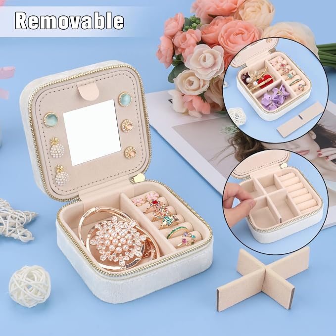 DesignSter Travel Jewelry Box - Velvet Mini Jewelry Organizer, Small Jewelry Case for Girls Women, Jewelry Storage Box for Rings Earrings Necklace (Square, Cream Beige) - Image 3