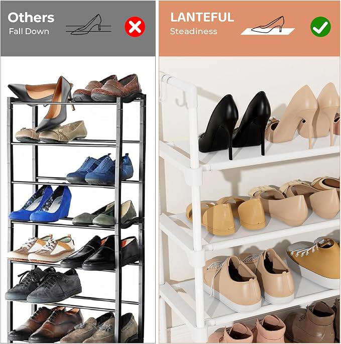 LANTEFUL 4 Tier Shoe Rack for Closet Shoe Organizer with 5 Hooks, Long Shoe Shelf Storage for Shoe and Boot Stackable Free Standing Shoe Rack for Entryway, Garage, Small Spaces, Dorm, White - Image 6