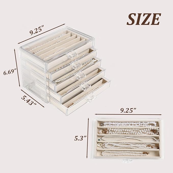 5 Drawers Necklace Organizer Storage, Tray with Clear Lid, Dustproof Velvet Necklaces Holder Storage Display Case, Necklace Tray Drawer Insert for Pendant Suitable for Women and Girls (25 grids) - Image 3