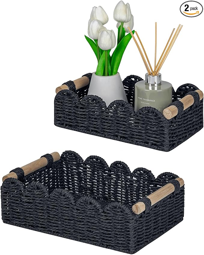 CubesLand Scalloped Edge Decor Baskets for Home, Living Room, Toilet Paper Storage Basket for Over Toilet Shelf, End Table,Shelves and More, Small Paper Rope Baskets Both Storage&Decor, Set 2 Black by CubesLand