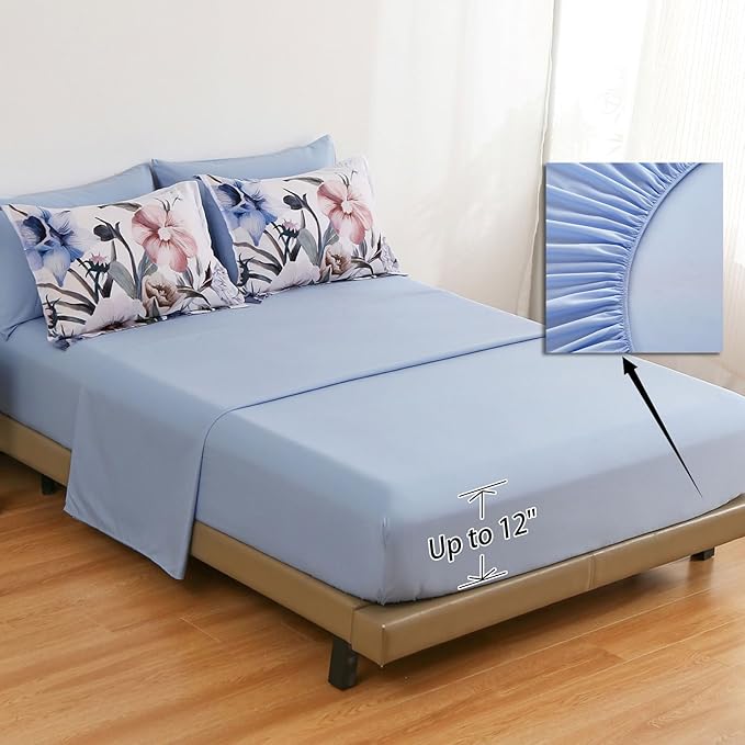 Luxudecor Floral Comforter Set Full Size 7 Piece, Blue Flower Bed in a Bag, Elegant Floral Comforter with Sheet Set, Soft Microfiber Bedding Set for All Season (Blue, 80"x90")