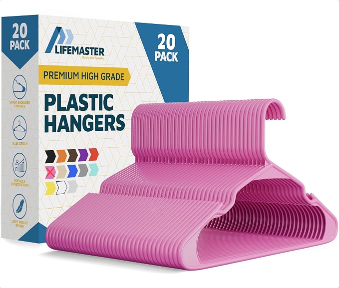 Lifemaster Plastic Clothes Hangers – Heavy Duty Hanger Set, for Organizing Clothes, Dresses, and Coat, Holds Up to 5 lbs, Space-Saving Hangers with Non-Slip Shoulder Grooves, Pack of 20, Pink by LIFEMASTER