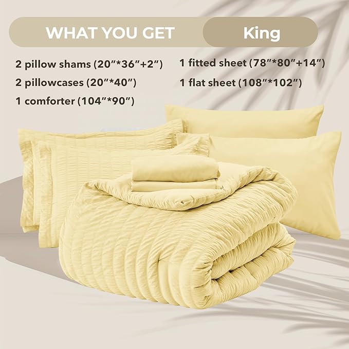 HYMOKEGE Yellow King Size Comforter Set Seersucker 7 Pieces, All Season Luxury Bed in a Bag for Bedroom, Bedding Set with Comforter, Sheets, Pillowcases & Shams