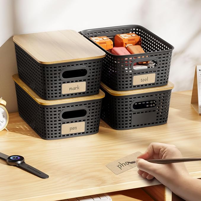 6Pcs Storage Bins with Lids, Stackable Plastic Storage Basket with Bamboo Lid, Pantry Organizer Box Small Containers for Organizing Shelves Drawer Desktop Closet Cabinet Office Classroom 10x7.1x4.1in - Image 9