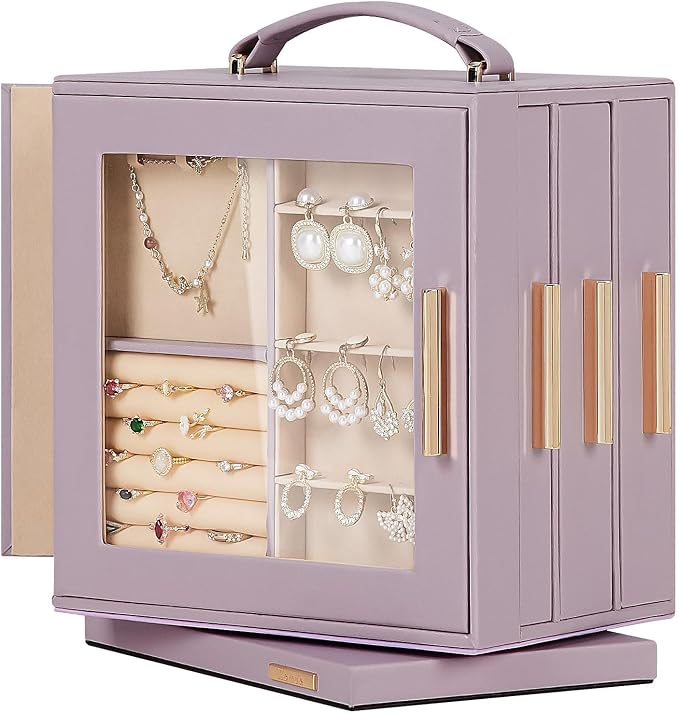 Homde Jewelry Box 360° Rotating, Necklace Earring Organizer with Transparent Window, Mirror, 7 Drawers, Large Ring Display Storage Case for Girls Women (Grey Purple) by Homde